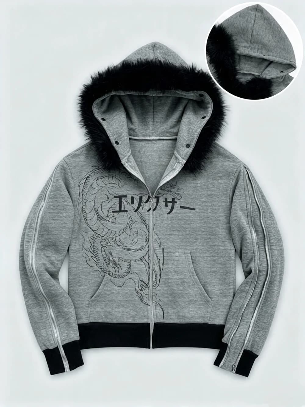New Autumn And Winter Double Sleeve Side Zipper Dragon Print Fur Collar Hooded Sweatshirt For Both Men And Women, Street Trend