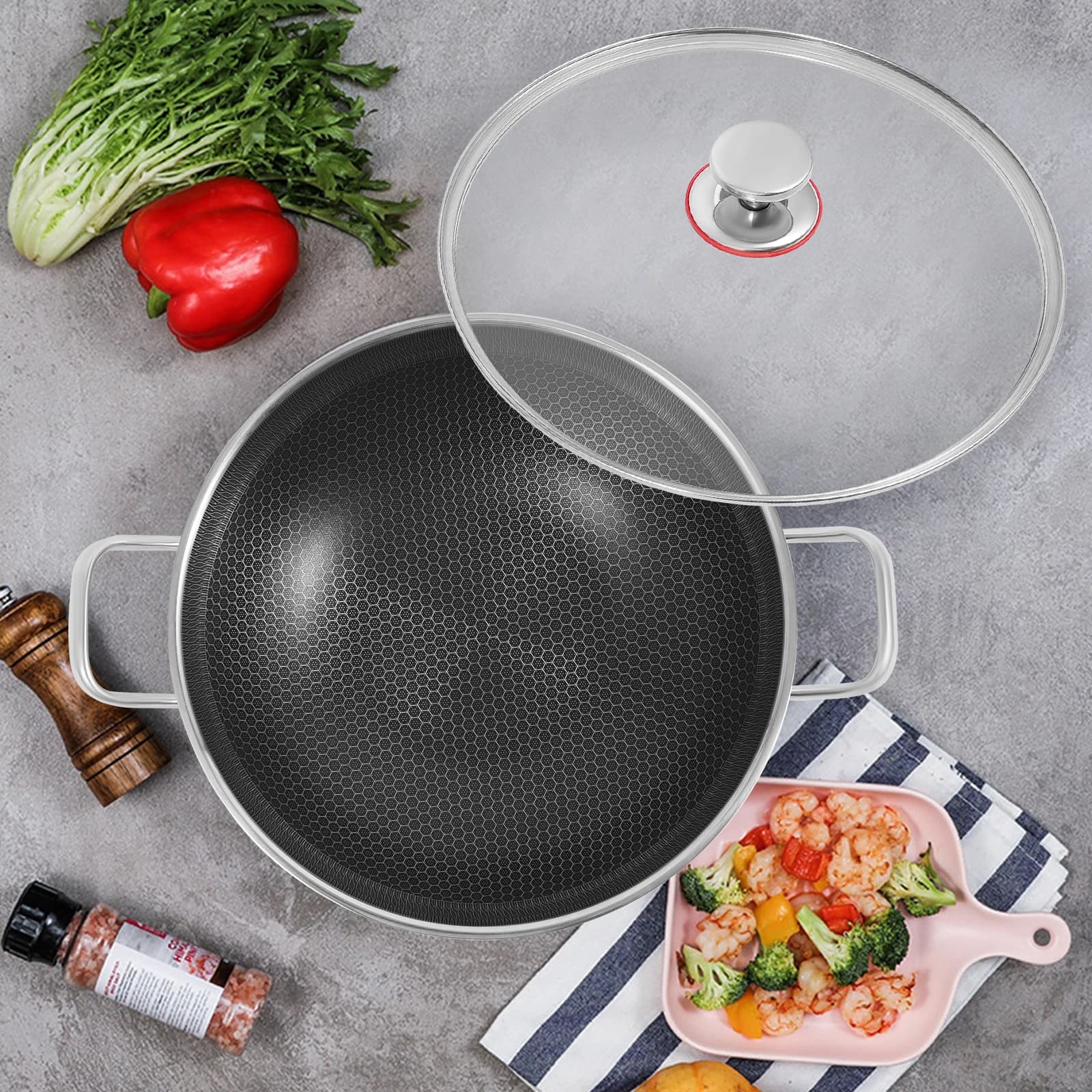 Non-stick pan, 34 cm deep frying pan with lid, stainless steel quick heating pan for cooking, pots with single layer