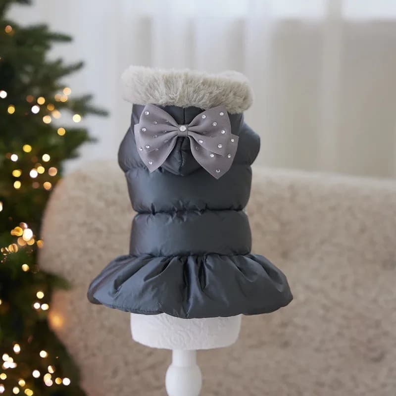 Cappotto Imbottito per Animali Domestici per il Nuovo Anno - Cappello con Fiocco e Colletto in Pelliccia, Outfit Invernale per Cani e Gatti di Piccola Taglia