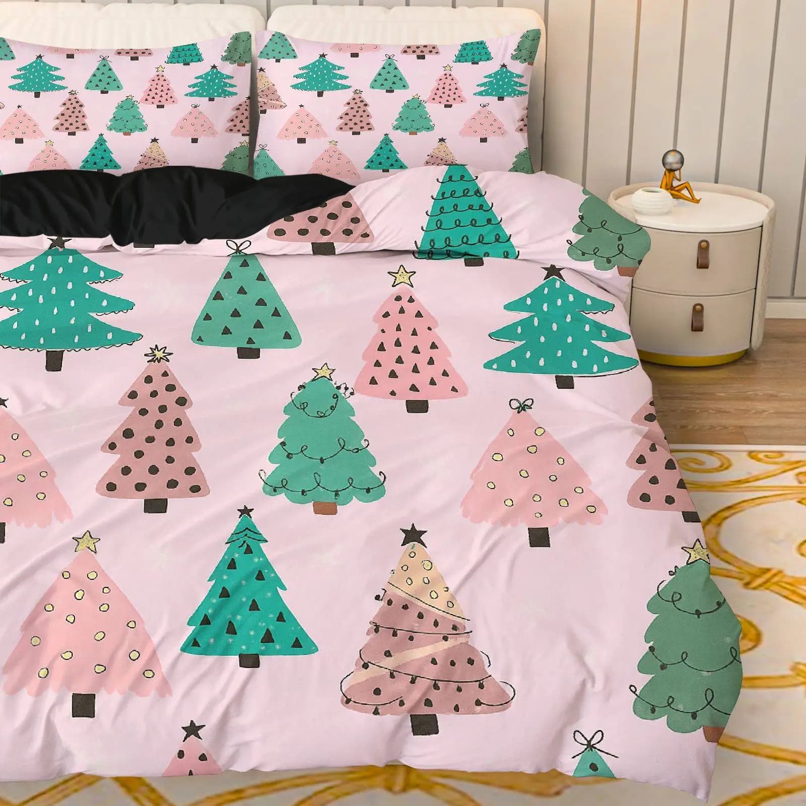 Set copripiumino 3 pezzi con albero di Natale e stella - Biancheria da letto rosa verde a pois con chiusura a cerniera Biancheria da letto per tutte le stagioni in morbido poliestere