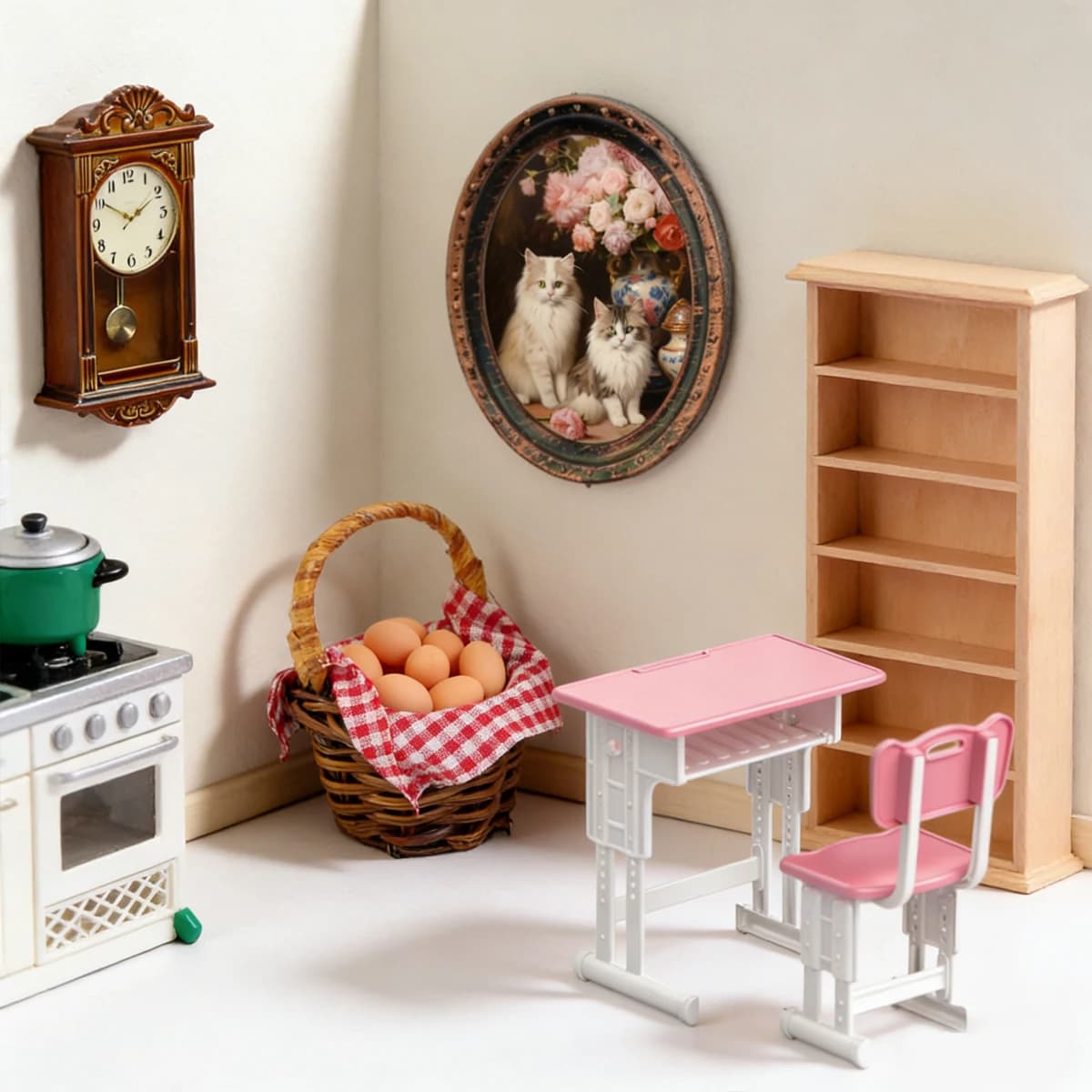 Miniatura 1:12 Stile Europeo Vintage: Mobiletto, Orologio da Parete, Cesto di Frutta - Arredamento per Casa delle Bambole