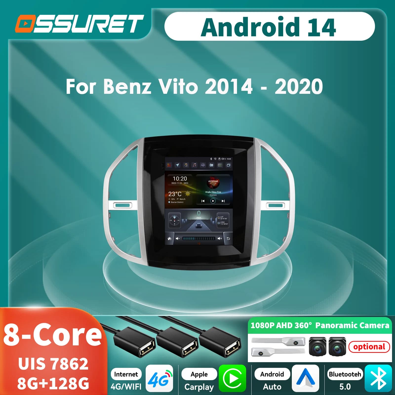 9.7 "7862 Carplay Android 14 Auto autoradio GPS Stereo per Mercedes-Benz Vito 2014-2020 lettore multimediale auto schermo intelligente