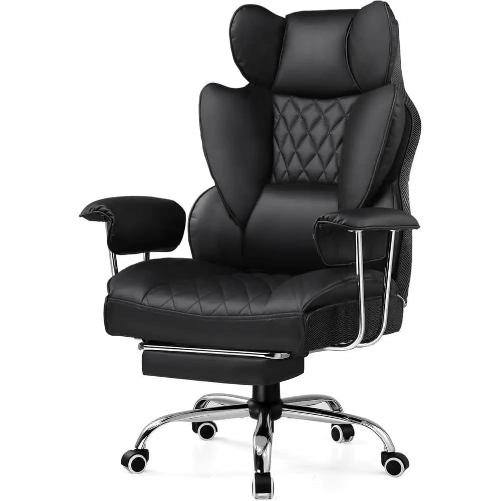 Sedia da ufficio direzionale ergonomica in pelle PU con braccioli e poggiapiedi regolabili, nera