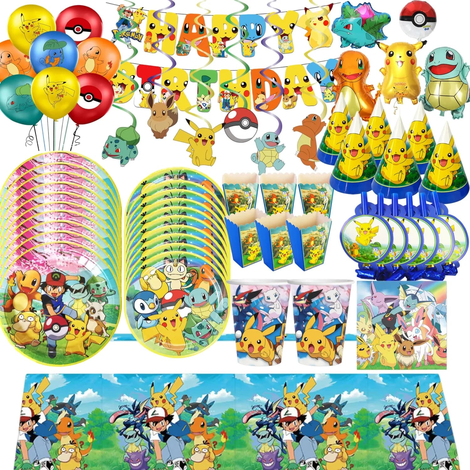 Pokémon Theme Birthday Party Decorations, Sets with Cups, Plates, Balloons, Strips and Accessories for Children and Baby Shower