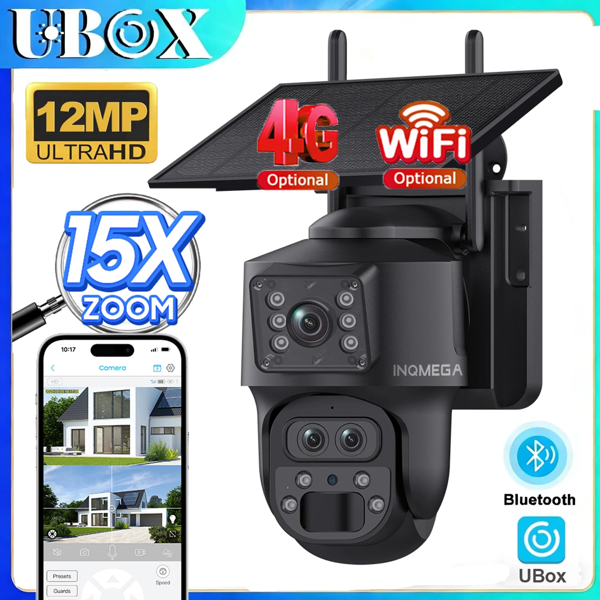 INQMEGA 8K 12MP 12X ZOOM Solar Panel Camera 4G/WIFI Solar Battery PIZ Cameras Dual Lens Night Vision PIR Monitor Camera UBOX