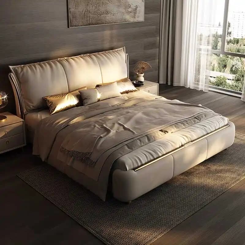 Struttura letto moderna principessa beige Camera da letto di design impermeabile Telai letto matrimoniale Full Size Queen Camas De Dormitorio Mobili per la casa