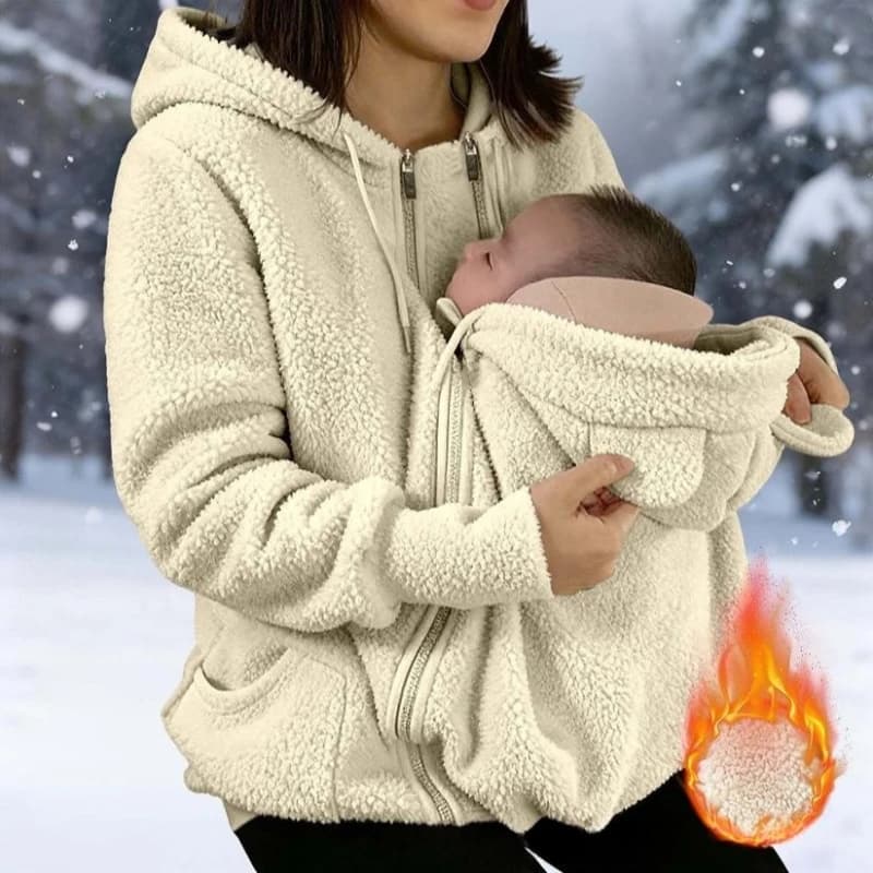 Maternity Mom Baby Carrier Hoodie Winter Thick Fleece Warm Coat Double Zip Hooded Sweatshirt Kangaroo Pocket Parent‑Baby Jacket