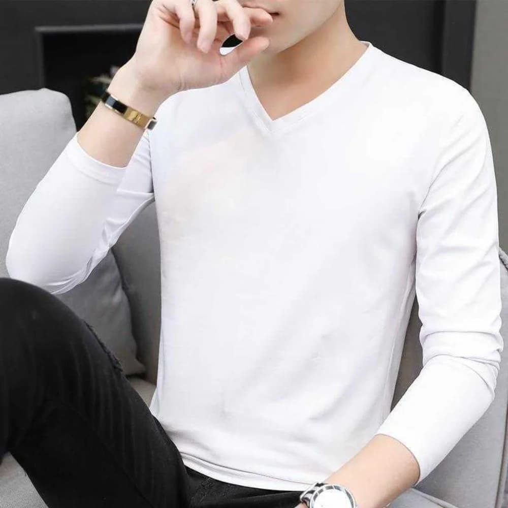 T-Shirt a maniche lunghe in seta di ghiaccio autunno inverno da uomo t-Shirt con scollo a v di colore puro vestiti bianchi nuova camicia interna alla moda con fondo superiore
