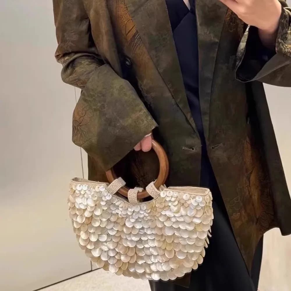 Fairy Handmade Beaded Bag Seashell Bag Beaded Purse Shell Purse for Women-Luxury Pearl Sequin Clutch with Top Handle