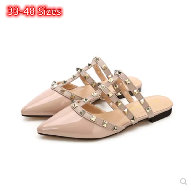 Pantofole da donna con cinturini con rivetti Scarpe a punta alla moda Scarpe piatte spugne quotidiane Lucide opache fatte a mano Promozione diapositive 48 3 Beige Rosso