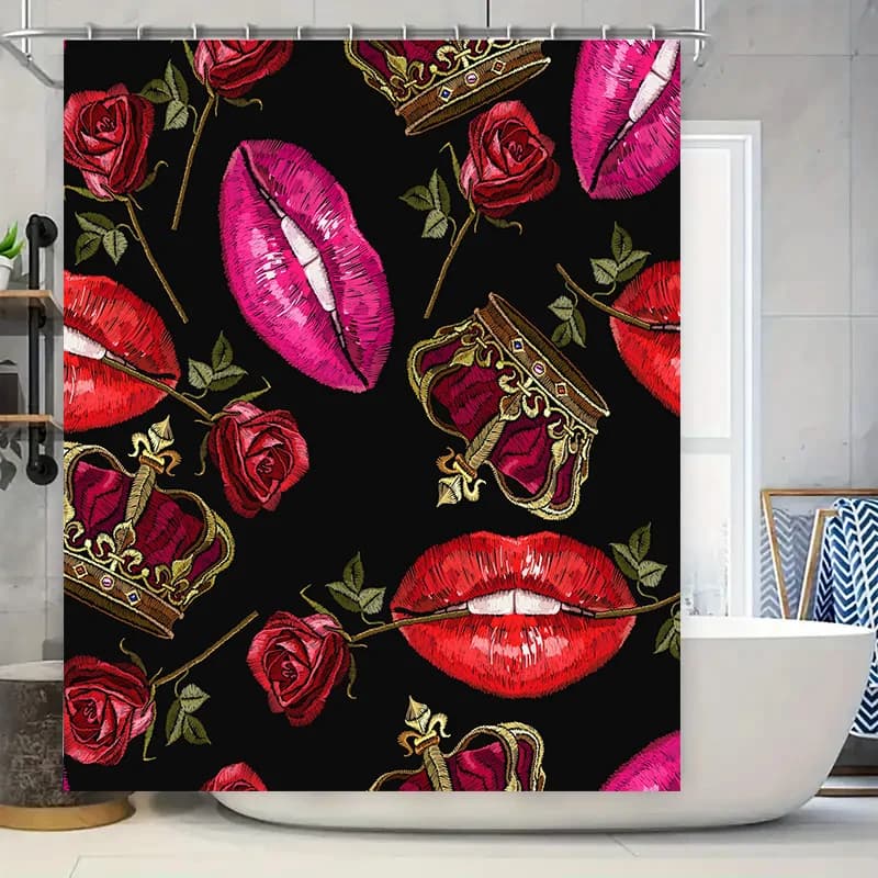 Corona di lusso Rossetto Rosa Tenda da doccia Stampa audace Decorazioni per la casa per bagno Tessuto impermeabile con ganci (Nero)