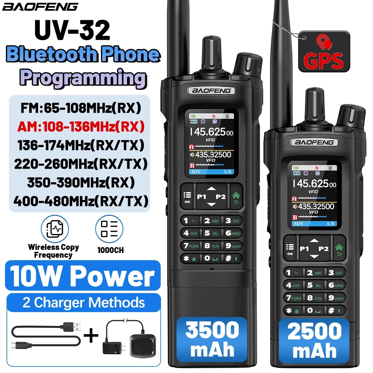 BAOFENG UV-32 GPS Walkie Talkie 3500mAh/2500mAh Bluetooth Programming Wireless Copy Frequency Long Range Multiband Two Way Radio