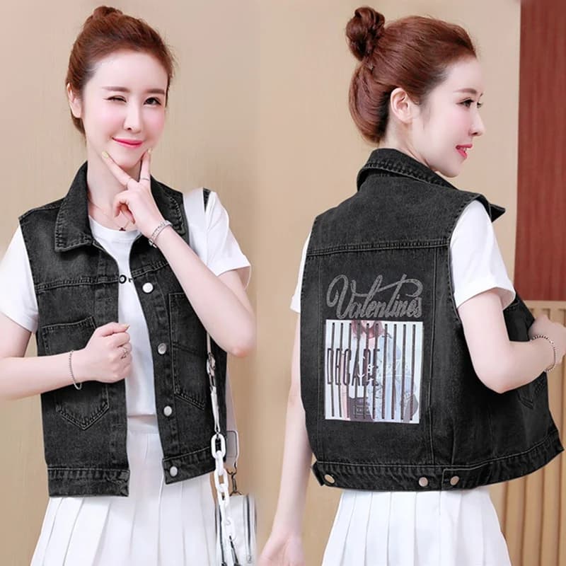 Ladies Short Denim Vest 2026 New Trend Spring Jacket Casual Versatile Cotton Collar Single Button Closure Color
