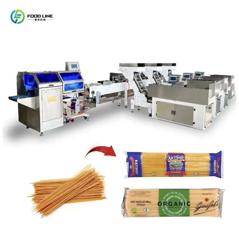 Macchina confezionatrice automatica di grandi dimensioni personalizzata per pasta lunga, spaghetti e altri prodotti in confezioni a cuscino.