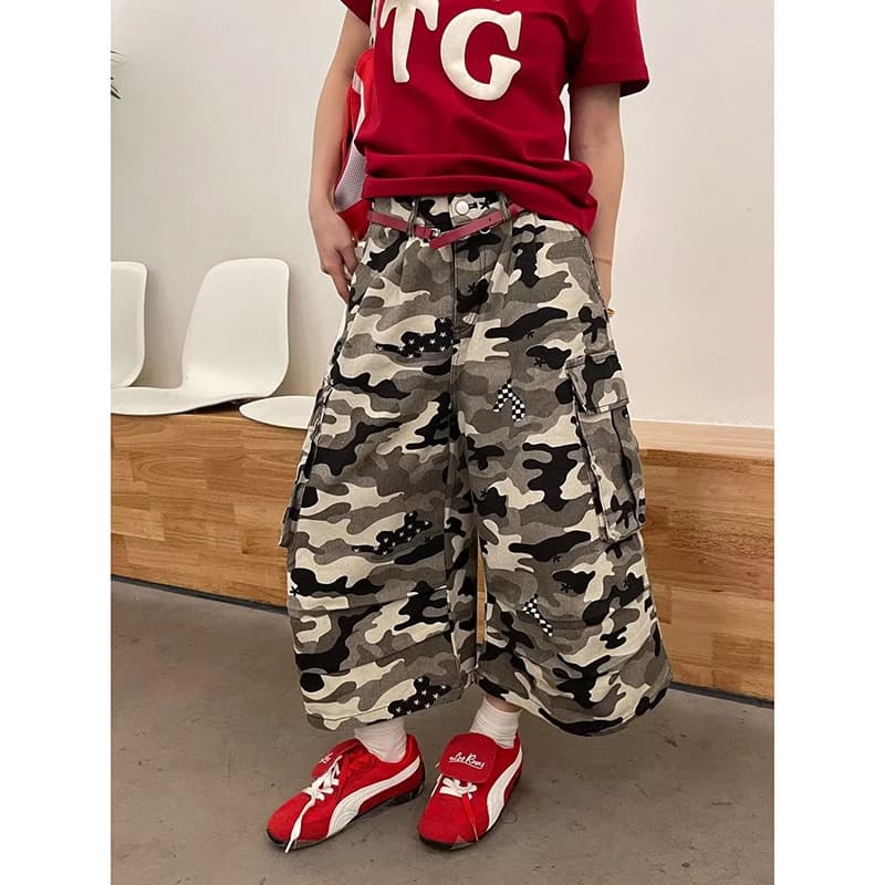 ZHIZOU Cargo Shorts in Women's Jeans, Camouflage Style, Japanese Y2K Years '00, American Back, Pneumatic Length, Denim, Trendy High Street Style