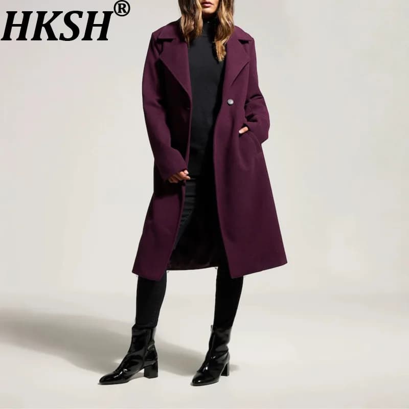 HKSH Women Woolen Coat Dark Style Sashes Bandage Waist Cinching Design Elegant Single Button Solid Color Casual Overcoat HK26972