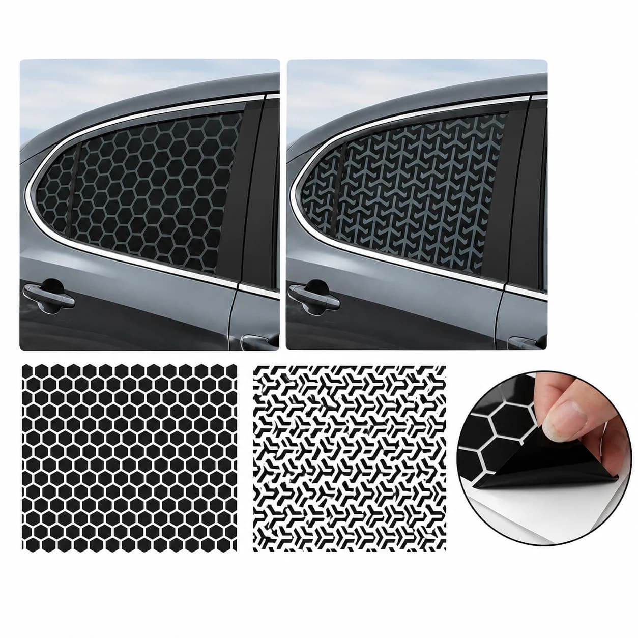 Matte Black Honeycomb Window Sticker PVC Vinyl Car Side Decal 75CM x 50CM Scratch Resistant for Triangle Glass Decoration