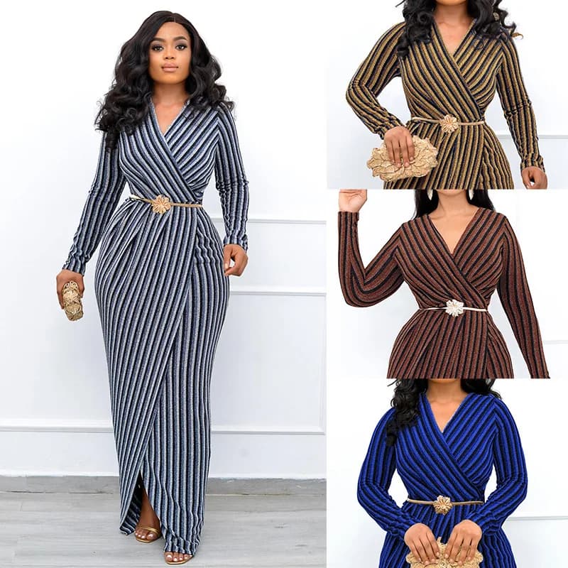 Sexy African Women's Dress Evening Gown with Gold And Silver Thread Strip Bodycon Skirt 2023 Winter Season Other Material 100%