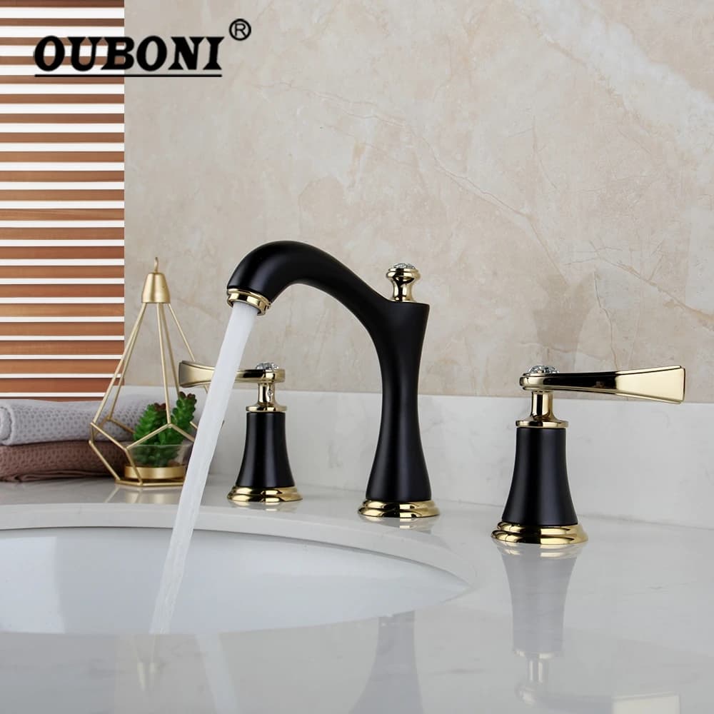 Rubinetto per bagno in ottone cromato Monite montato sul ponte Stream 2 maniglie diamantate nero opaco 3 pezzi vasca da bagno lavabo miscelatore rubinetto
