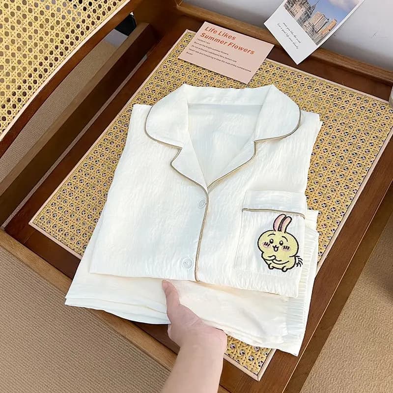 Set Pigiama Anime Chiikawa 2 Pezzi, Abbigliamento da Casa Tinta Unita, Maniche Lunghe e Pantaloni, Regalo Festivo