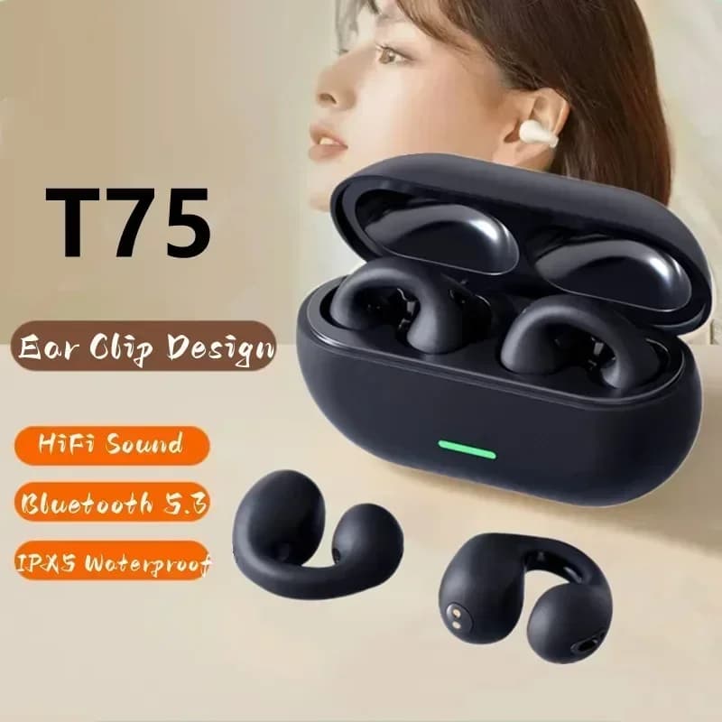 NEW Bluetooth 5.3 Wireless Bone Conduction Headphones T75 Clip Ear Music with Noise Cancellation HD Headphones Calls Sports Gaming Headset