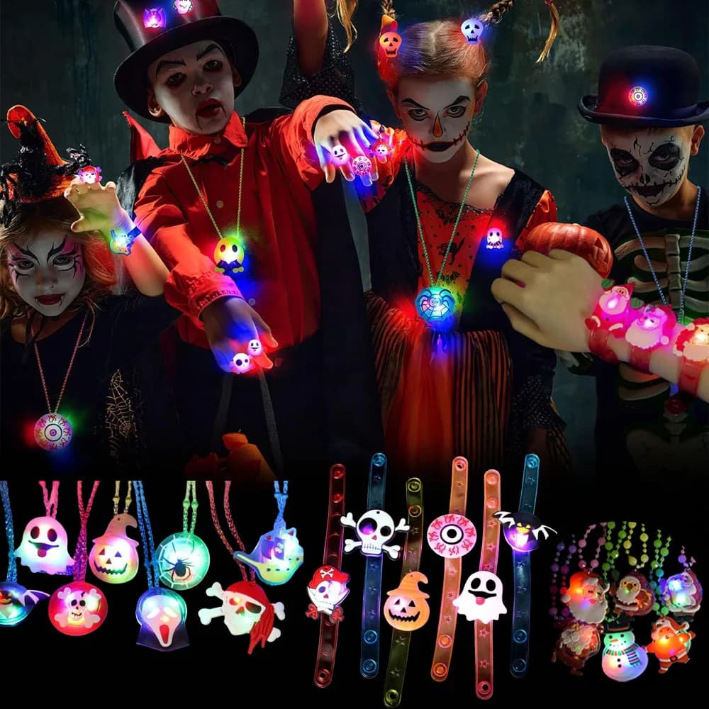 12-120PCS Halloween Christmas Glow Necklace Bracelet Scary Glitter Pendant Light Up Props Kids Party Favors Holiday Decoration