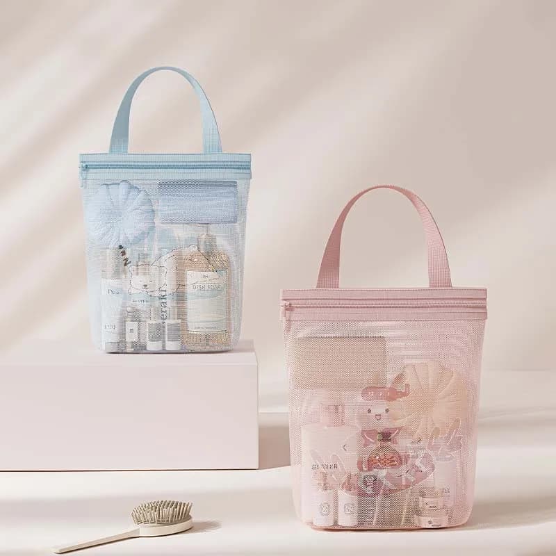 Borsa per il lavaggio semplice Borsa per cosmetici portatile in rete Borsa per cosmetici portatile da viaggio per il bagno da donna Borsa per riporre i giocattoli con scarico traspirante portatile