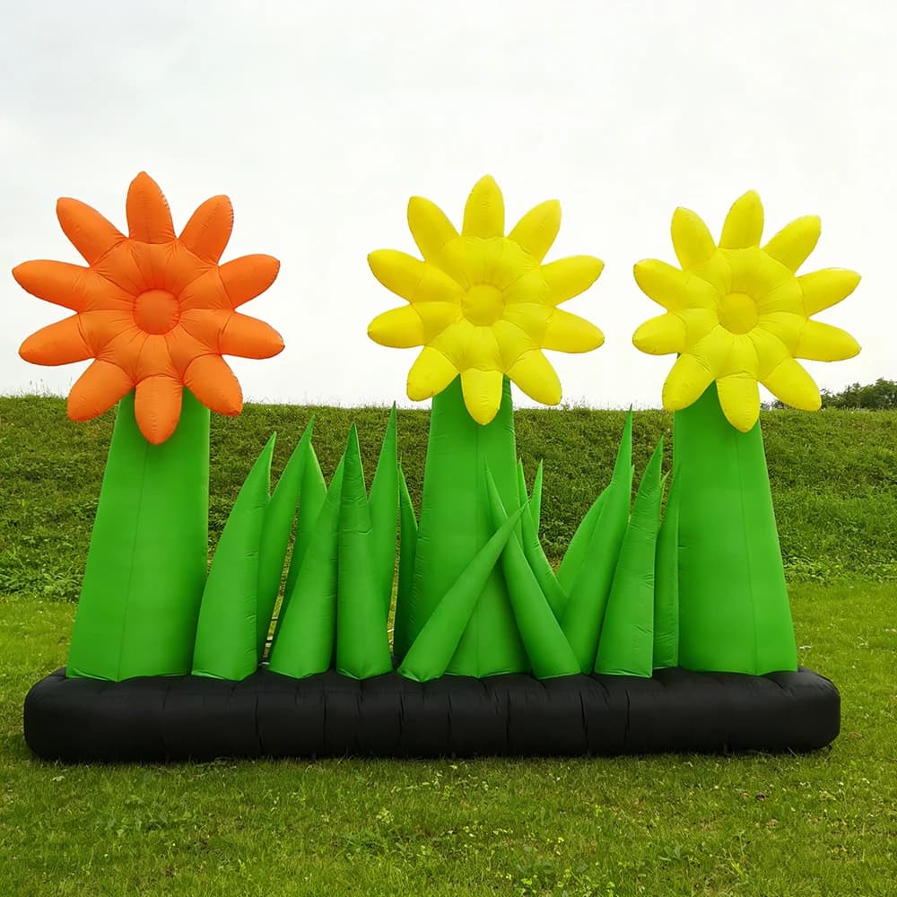 5 mH green inflatable flowers with grass, giant artificial plants for garden party decoration