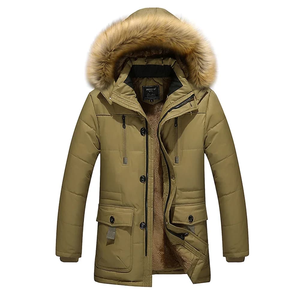 Giacca da uomo foderata in pile addensato Parka antivento da esterno Fodera calda invernale Giacche da uomo Cappotto con cappuccio in pelliccia Cappotto con tasche grandi