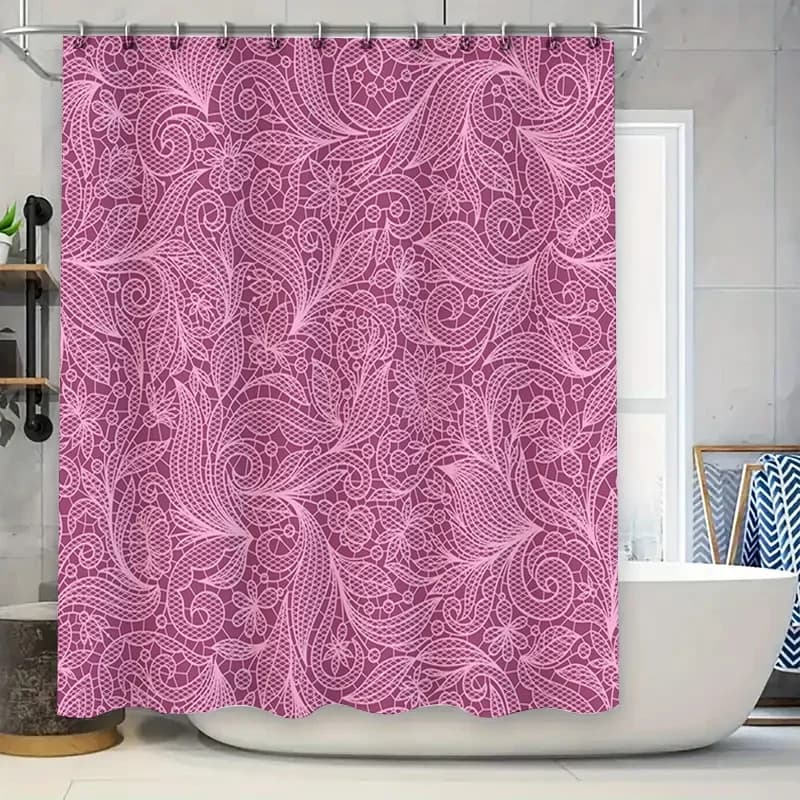 Elegante tenda da doccia in pizzo rosa decorativa impermeabile per tappeto da bagno, decorazione per la casa
