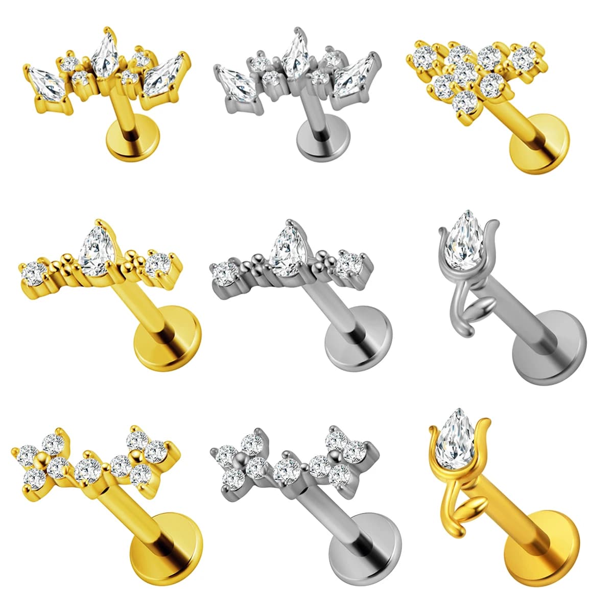 Heart-shaped Internal thread Labret Piercing Lightning Flat Back Earrings Flowers Tragus 316L Stainless steel Body Jewelry