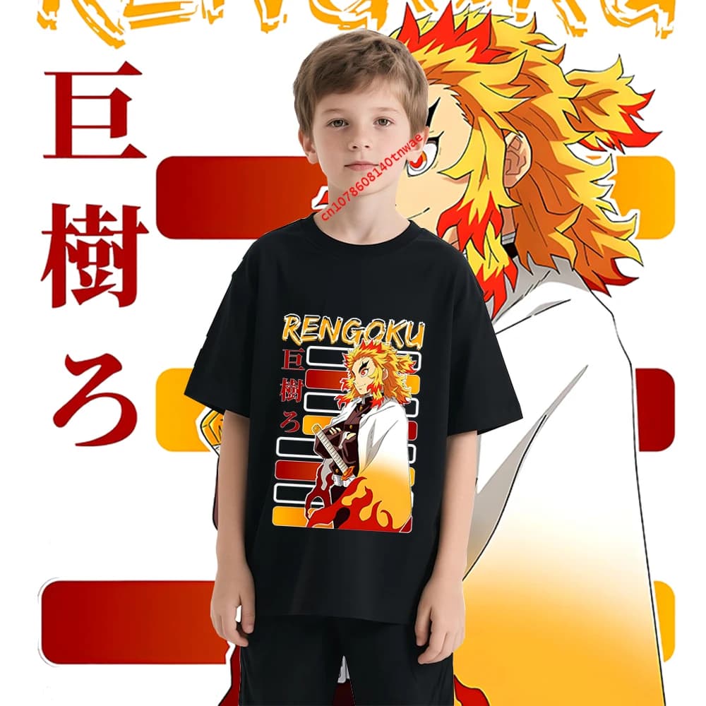 Rengoku Kyoujurou Demon Slayer kids T-shirt pure cotton short-sleeved cartoon casual tops for boys