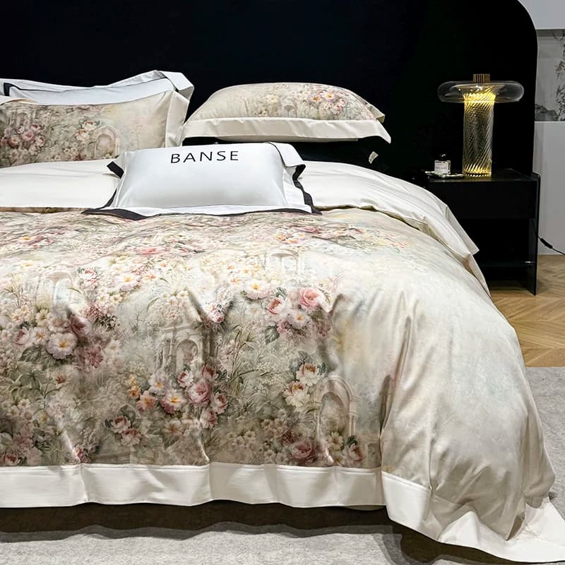 Set of bed linen with digital print with vintage oil painting 1000TC Egyptian cotton flowers Cover sheets or pillowcases with corners