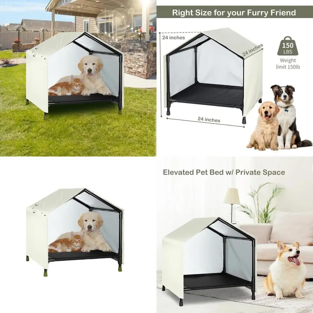Cuccia rialzata da esterno per cani di taglia piccola e media - Tenda impermeabile e parasole, 24 x 24