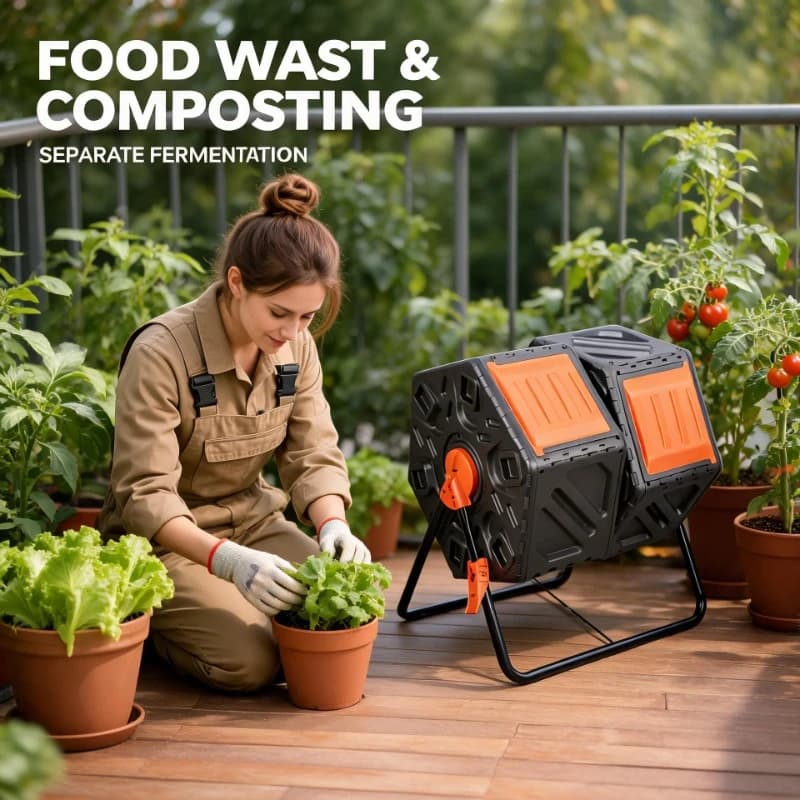 Rotating Drum Compost Tumbler, Outdoor Fermentation Bin for Leaves & Weeds, Organic Fertilizer Compost Barrel for Yard Garden