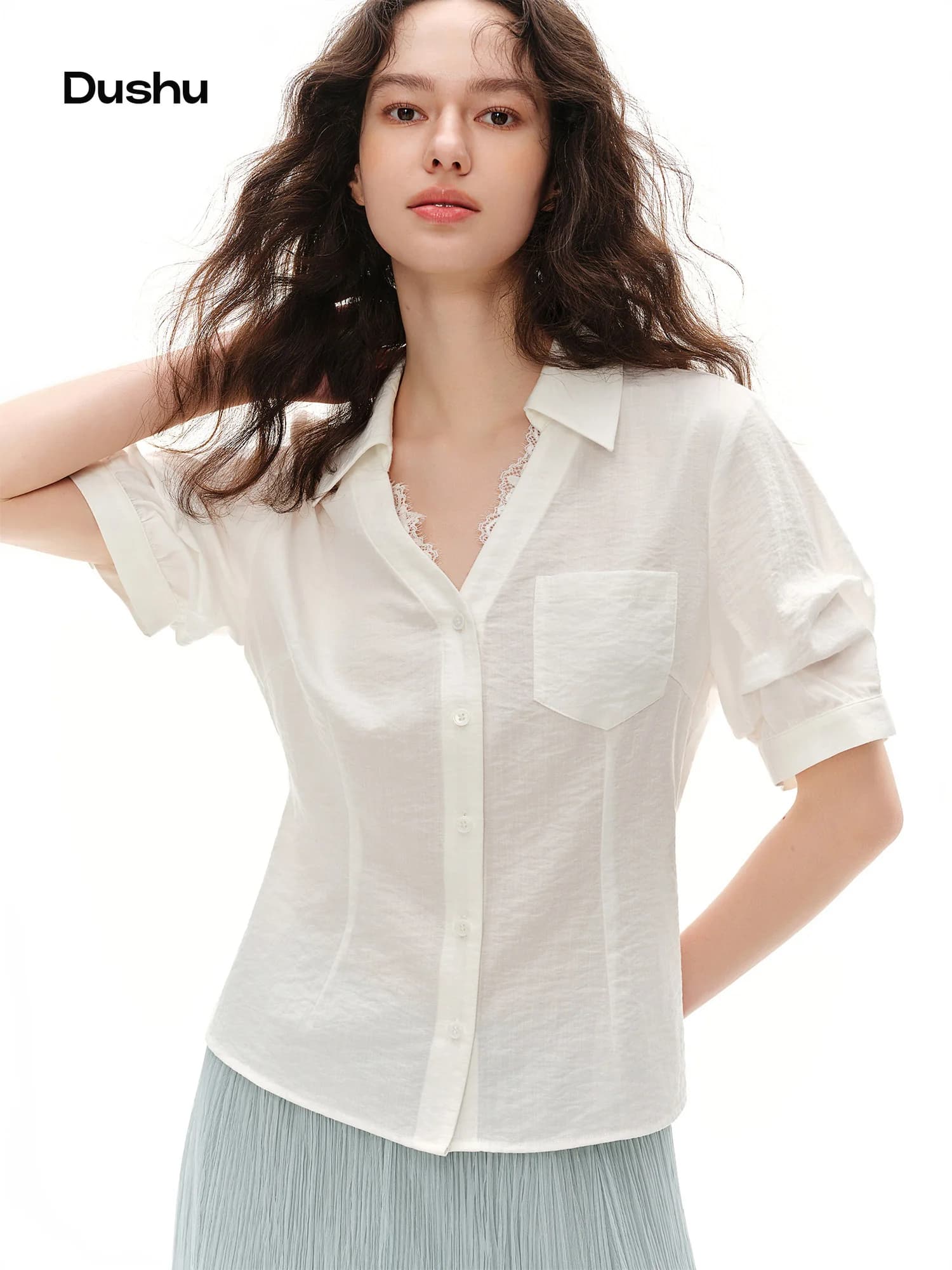 DUSHU 2026 Summer Women's Short Sleeve Lace Blouse, Structured Shoulder Waist-Cinching Office Chic Shirt for Quiet Luxury Style
