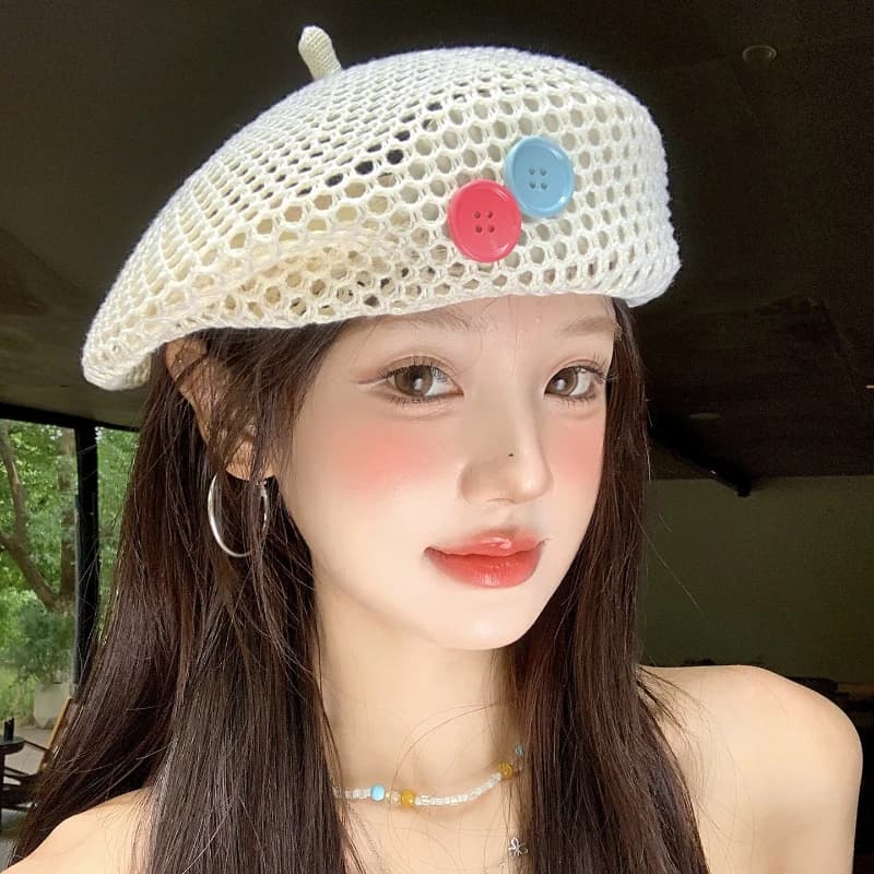 Japanese Minimalist Hollow Woven Button Beret for Women in Summer, Lightweight and Breathable Artist Hat