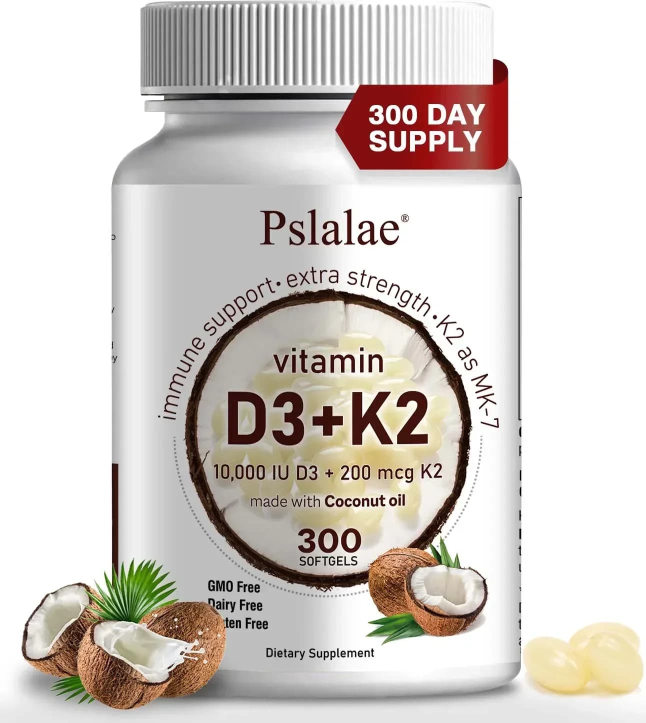 Softgel supplement of vitamin D3 K2 2 in 1, 10000 UI VIT D3 + 200 MCG vitamin K2, auxiliary in calcium absorption, (300 pieces)