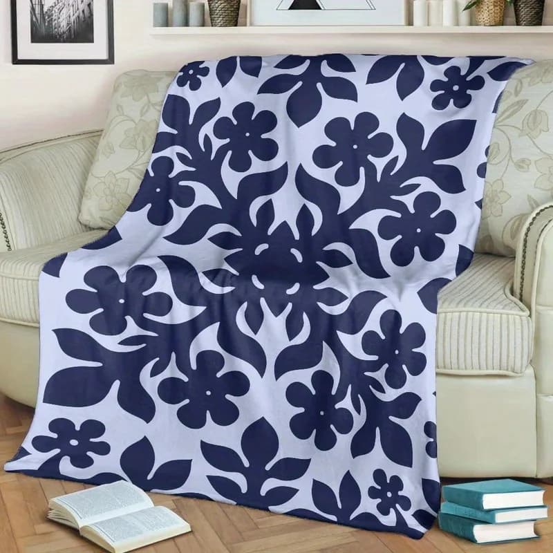 Lussuoso Plaid Trapuntato Hawaiano con Motivo Plumeria - Blu e Bianco Floreale per Divano, Letto, Auto, Ufficio, Campeggio, Viaggi, Regalo
