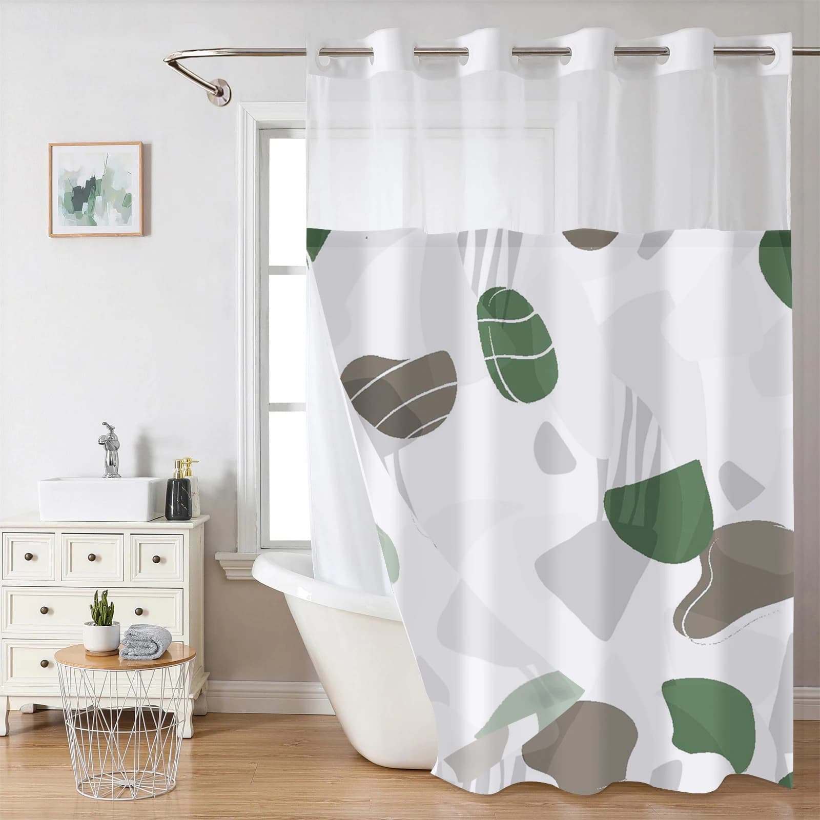 Tenda da doccia con motivo geometrico senza gancio con rivestimento in tessuto a scatto, finestra superiore trasparente, tenda da bagno impermeabile a doppio strato