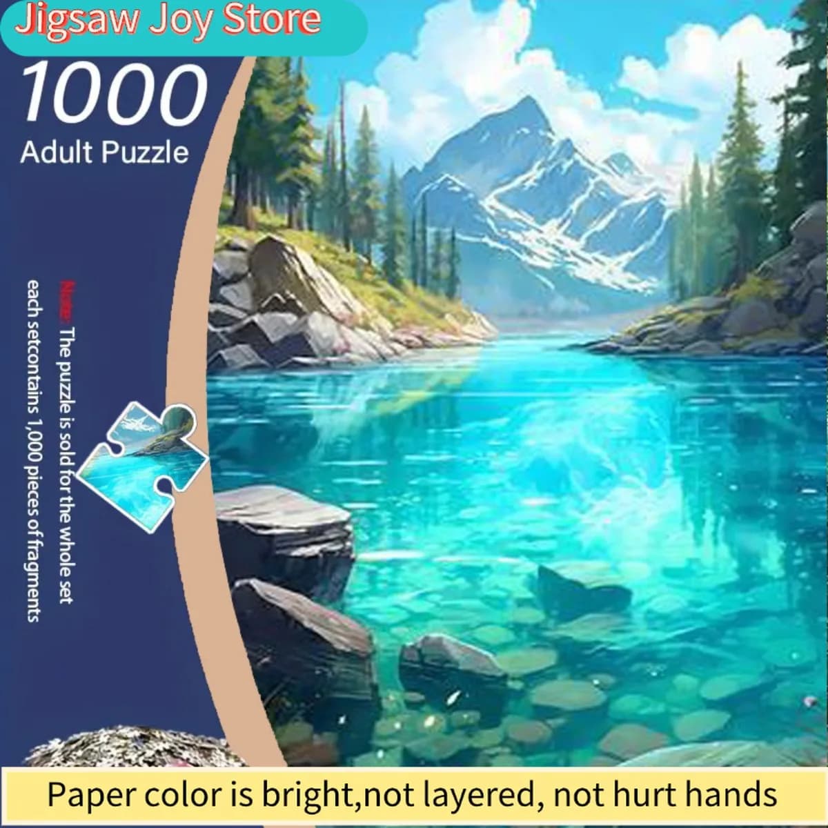 Un puzzle da 1000 pezzi per adulti con un ruscello cristallino che riflette il cielo azzurro e le nuvole bianche, con foglie di pietra a T