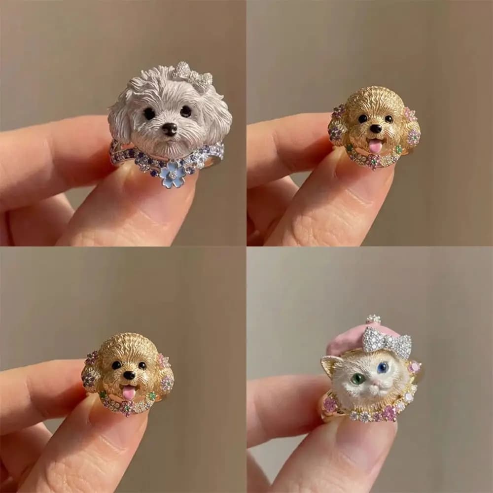 Sweet Adjustable Cute Head Ring Rhinestone Puppy Dog Head Ring Vintage Alloy Animal Ring Popular Jewelry
