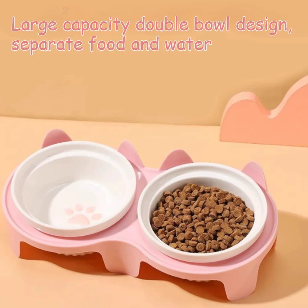 Ceramic Tilt Pet Bowl Neck Protective Double Bowl Separate Food Water Anti-tip Feeding Bowl For Kitten Cats Small Puppy Dogs
