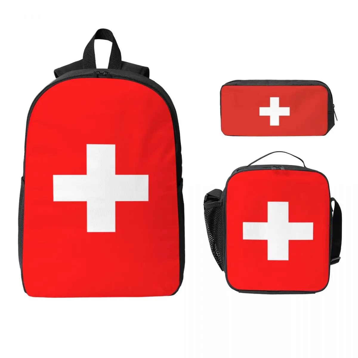 Swiss Switzerland Flag Backpack Student Boys Girls BookBag School Bag Computer Shoulder Bags 3ps Insulated Lunch Bag Pencil Case