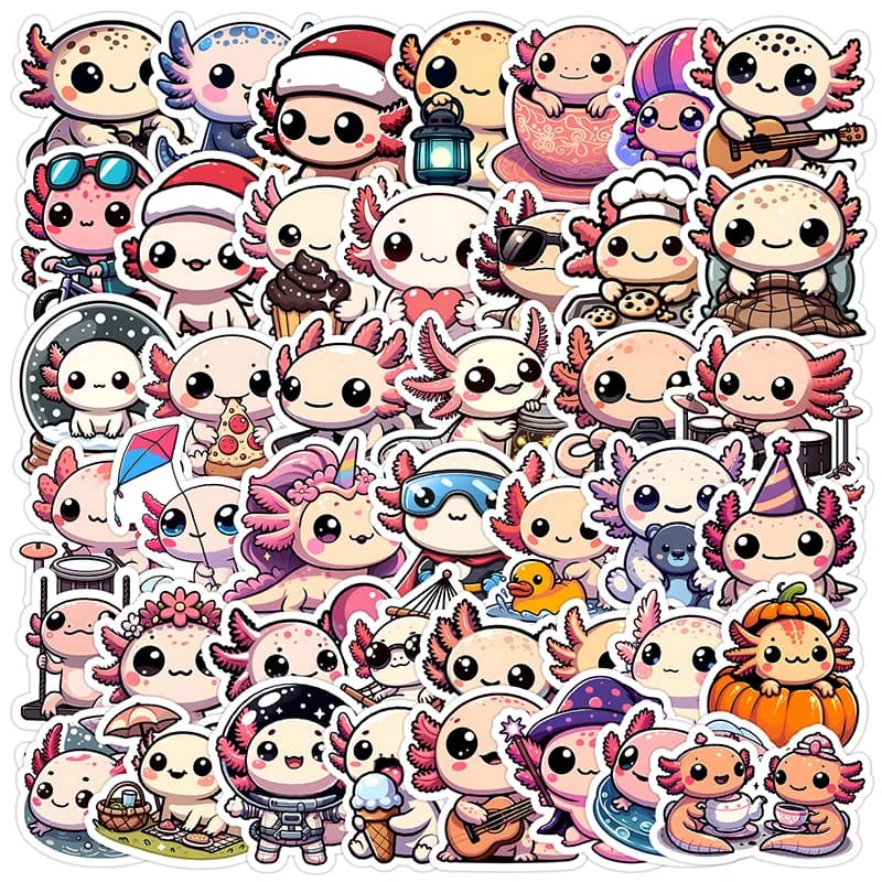 50PCS Cartoon Animal Axolotl Graffiti Stickers Aesthetic Decoration Phone Case Stationery Water Bottle Vinyl Cute Decals Kid Toy