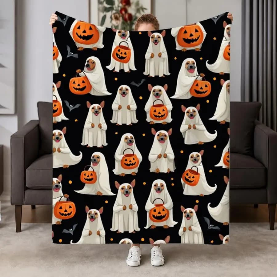 Cozy Weighted Flannel Throw Blanket Suitable for - Use - Cute Dogs & Jack-o-Lanterns on Black, Soft Warm Fleece Bedspread for Couch, Bed, Travel, Machine Washable Gift for &, Contemporary or Decor