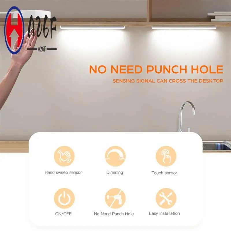 A26F-LED Under Cabinet Light Penetrable Touch Switch Wood Hand Scan Motion Sensor Dimmable Bathroom Night Lamp EU Plug
