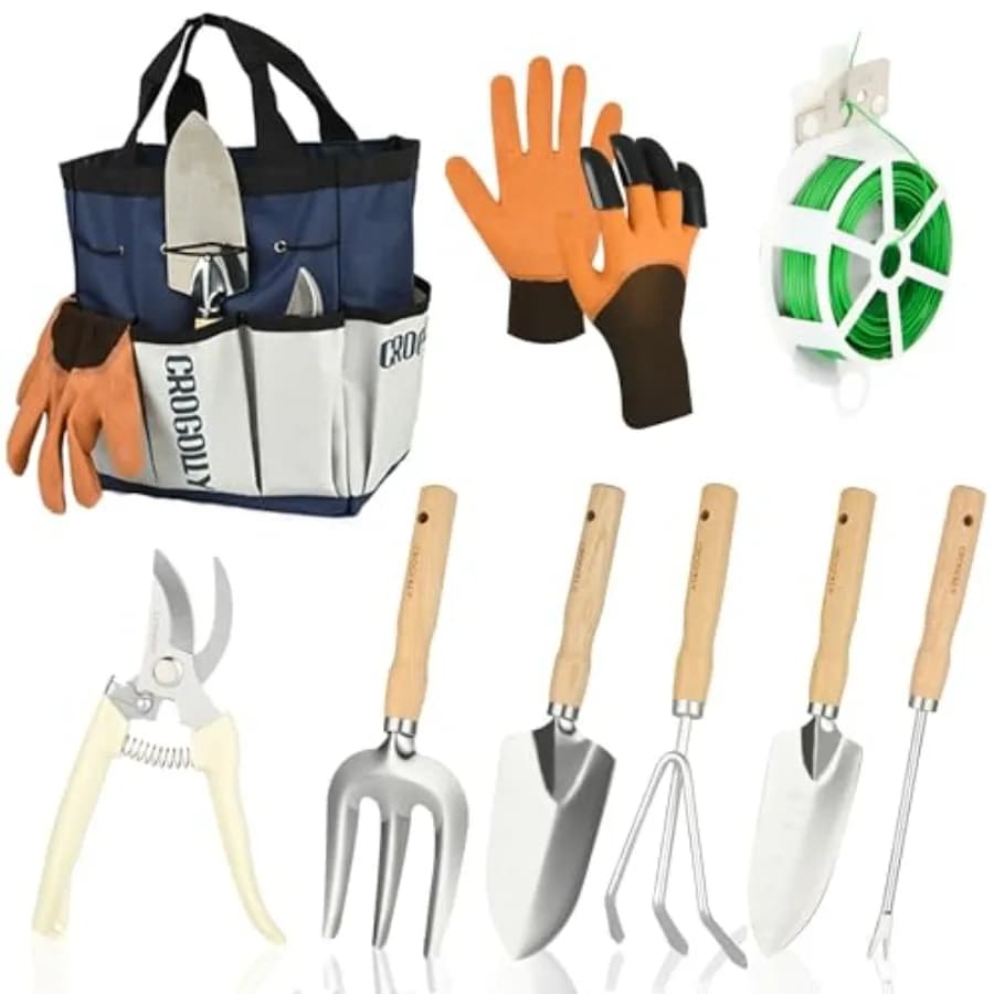 Set di attrezzi da giardino per esterni resistenti da 9 pezzi con manici ergonomici e borsa portaoggetti include cesoie da potatura e rastrello a mano Ideale per