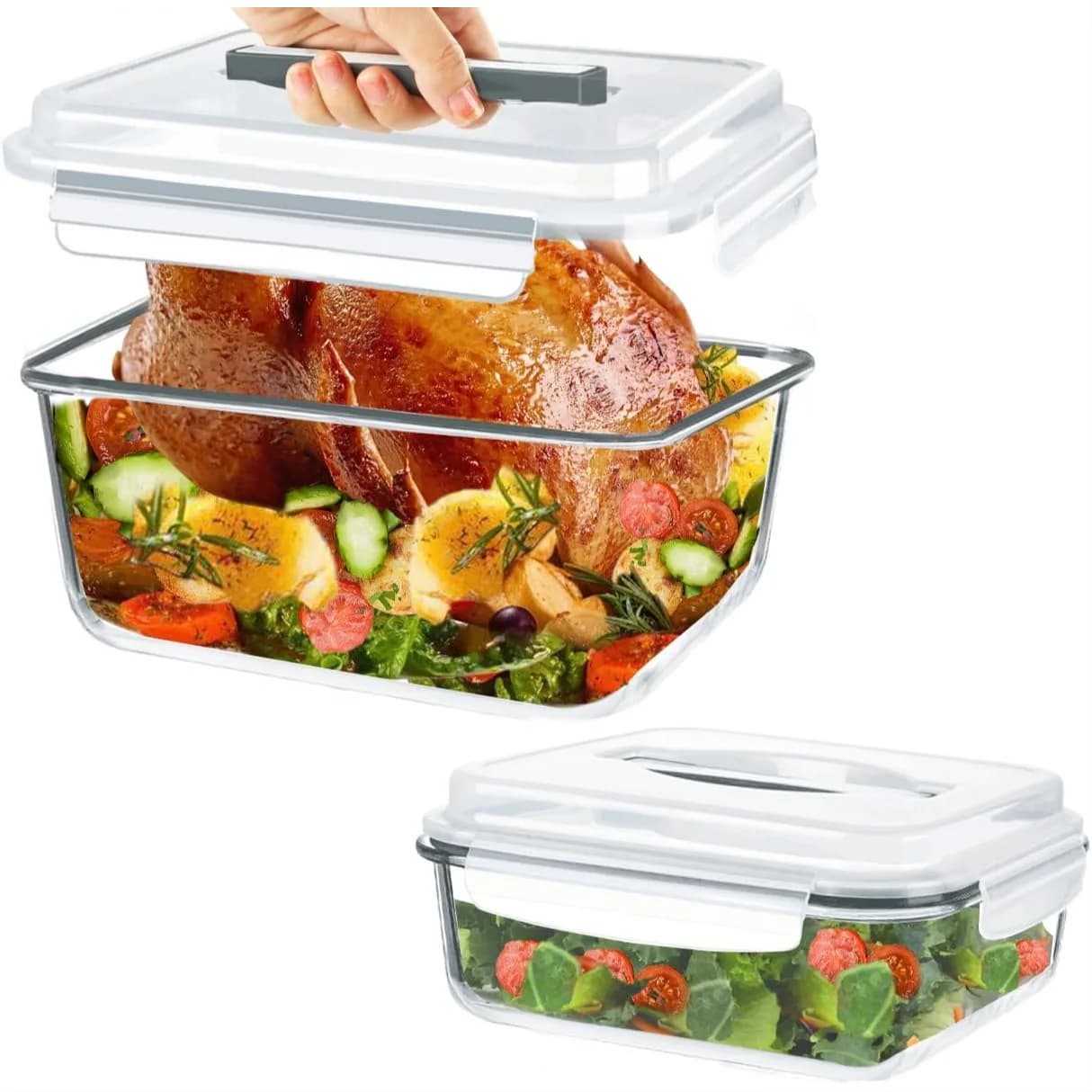 Set di 2 Contenitori in Vetro Extra Large da 220oz+76.4oz con Coperchi Ermetici, Ideali per Preparazione di Grandi Porzioni di Pollo allo Spiedo, Lasagna