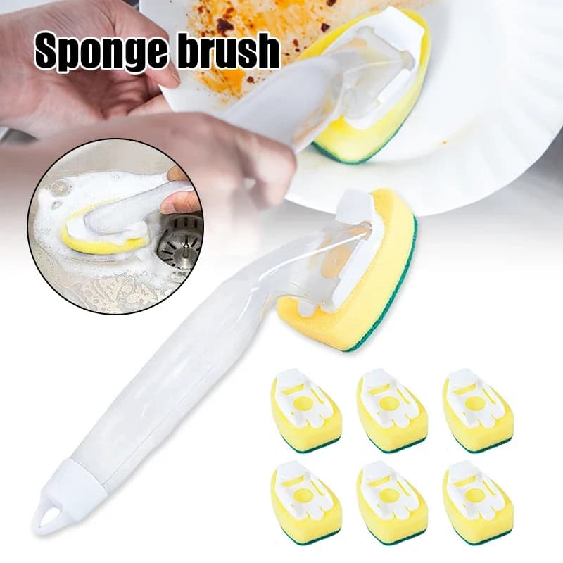 Set di Spazzole per Pulizia Piatti con Dispenser di Sapone, Spugna di Ricambio e Liquido Detergente per Cucina e Lavello
